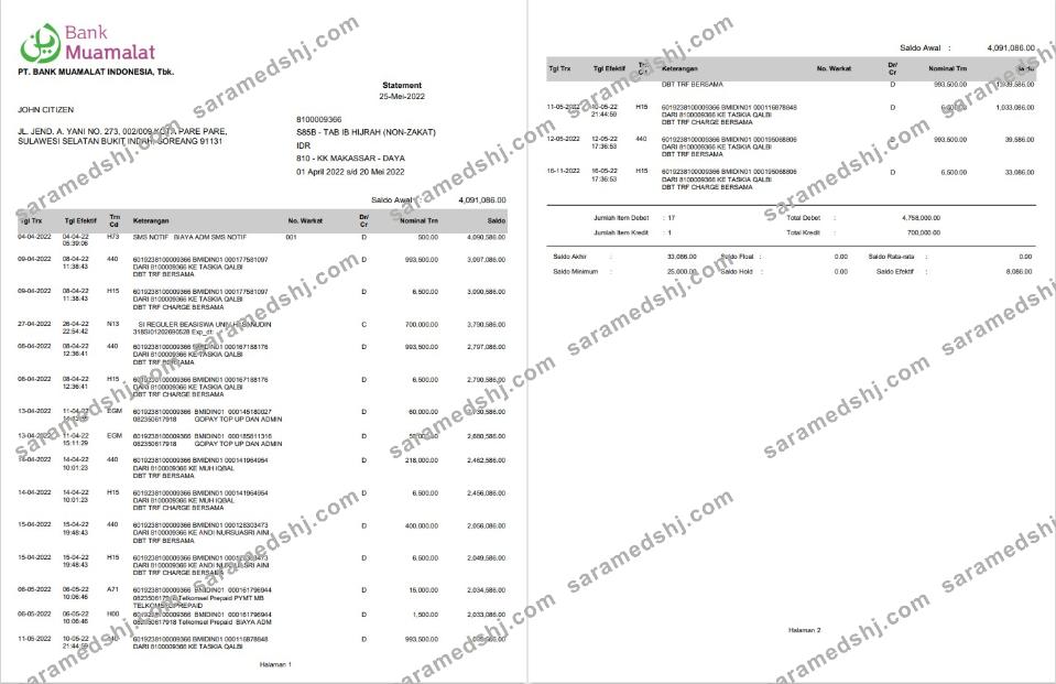 Indonesia Muamalat bank statement 2 pages